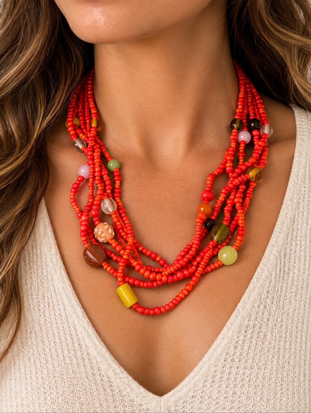 Vintage Bohemian Red/Coral Beaded Multi-Strand Necklace